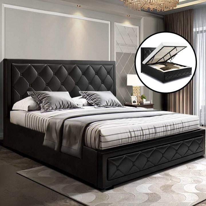 P&F FabSeries Bed Frame PU Leather Gas Lift Storage - Black Queen