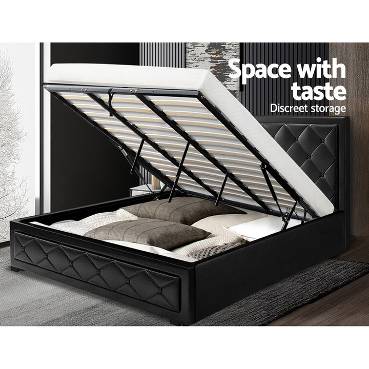 P&F BohoNest Bed Frame PU Leather Gas Lift Storage - Black King