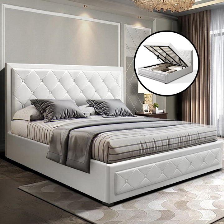 P&F FabSeries Bed Frame King Size Gas Lift Base Storage White Leather