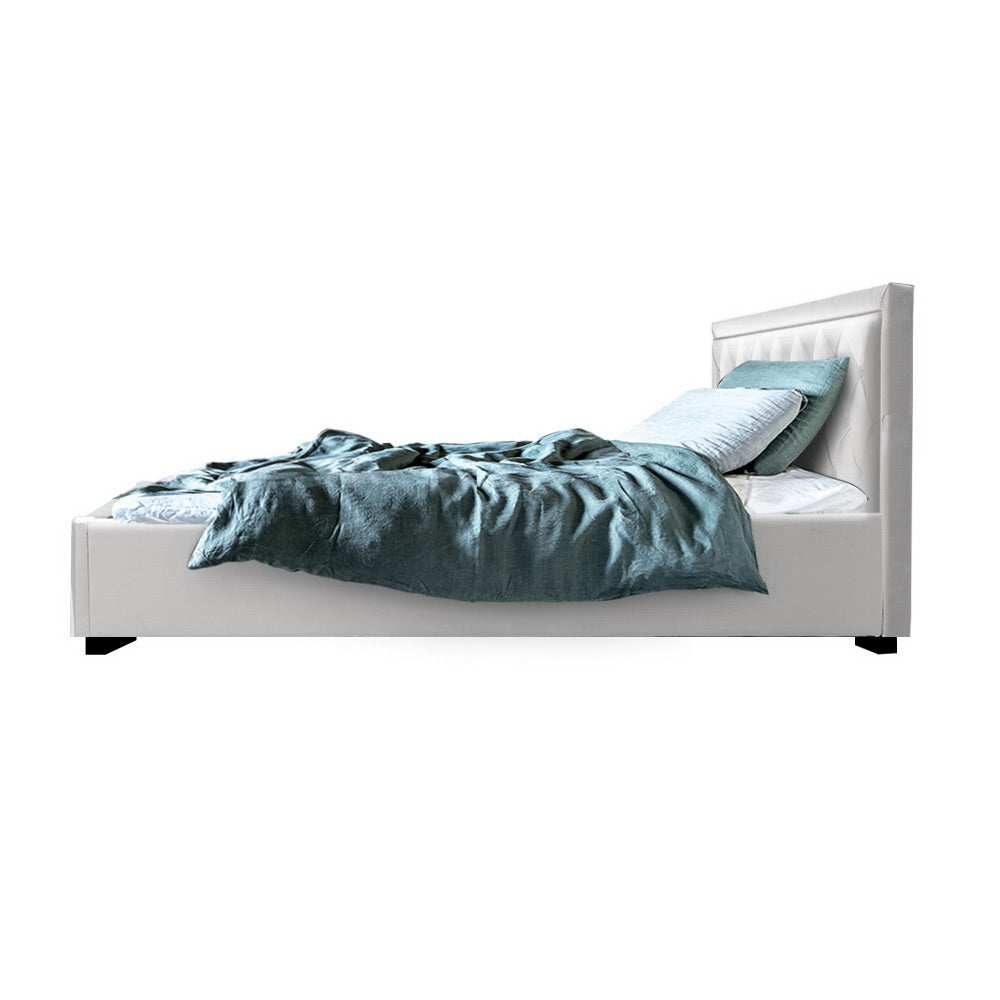 P&F SkyWay Tiyo Bed Frame PU Leather Gas Lift Storage - White King Single