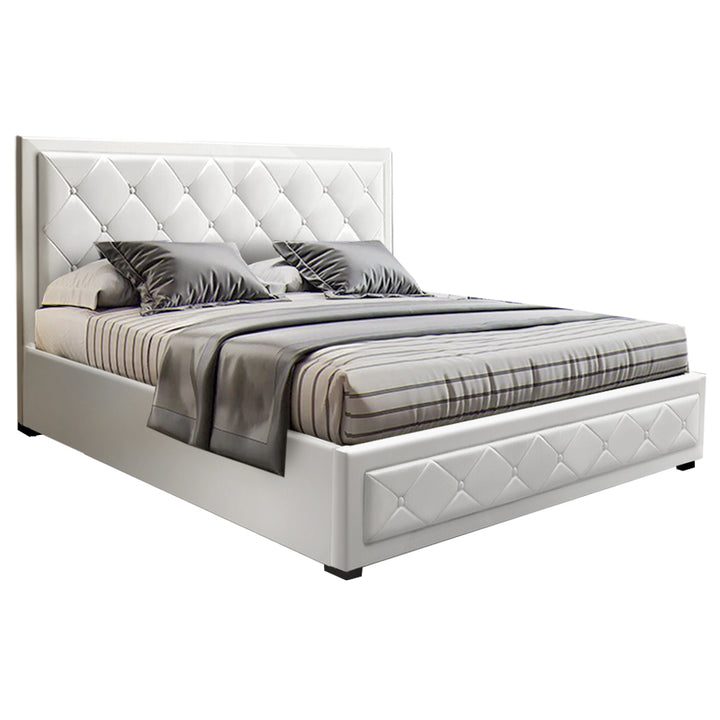 P&F BohoNest Bed Frame PU Leather Gas Lift Storage - White Queen