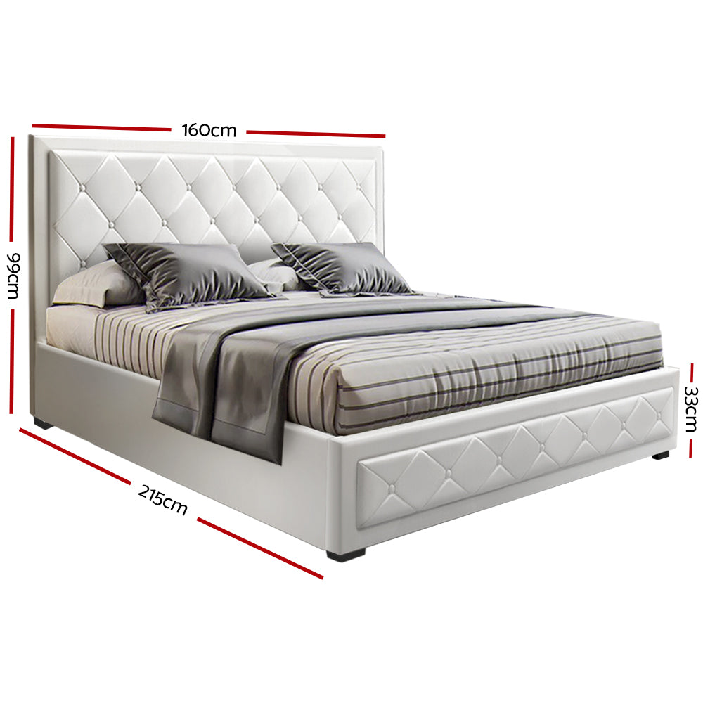 P&F BohoNest Bed Frame PU Leather Gas Lift Storage - White Queen