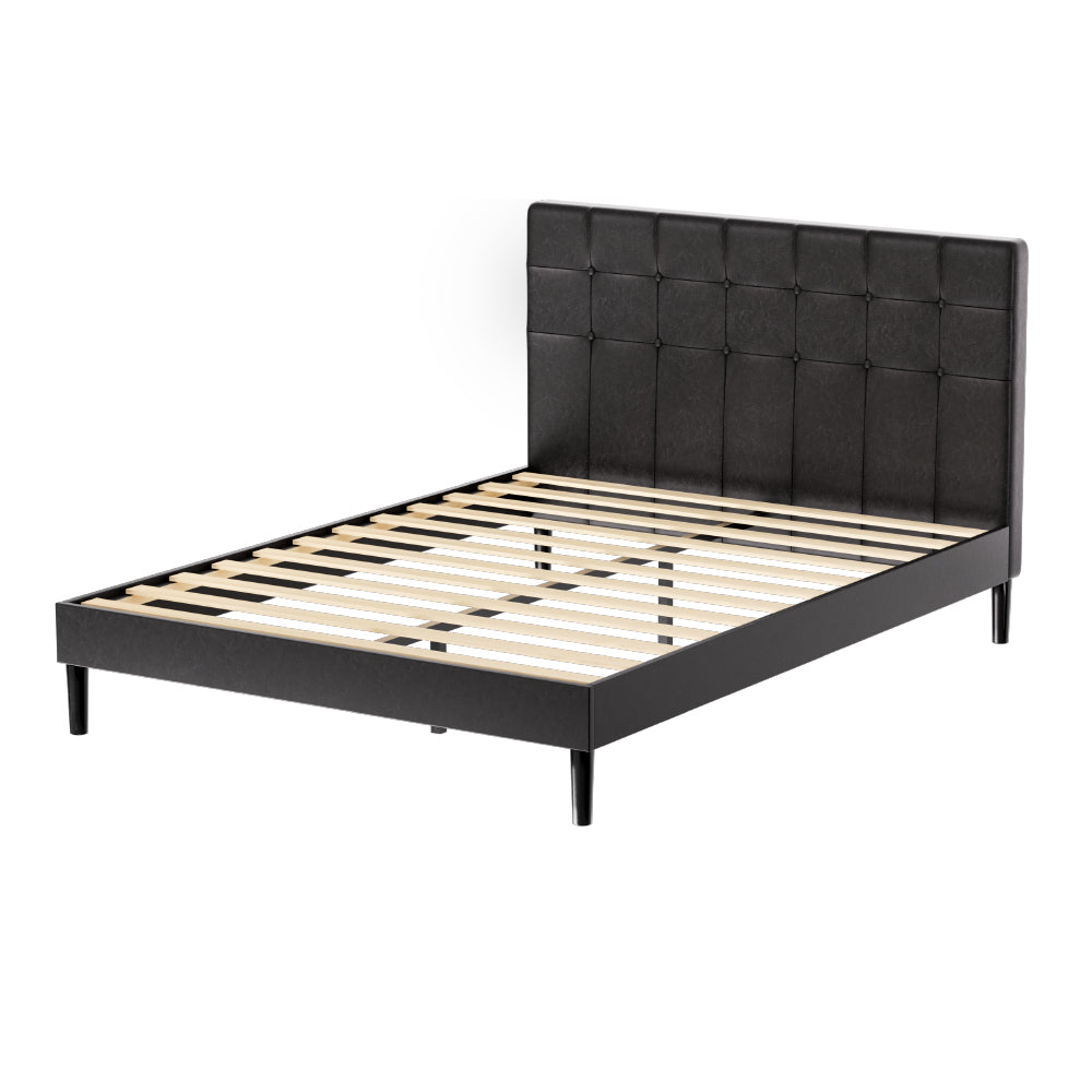 P&F SkyWay Bed Frame Double Bed w LED Lights Charge Ports Black Leather