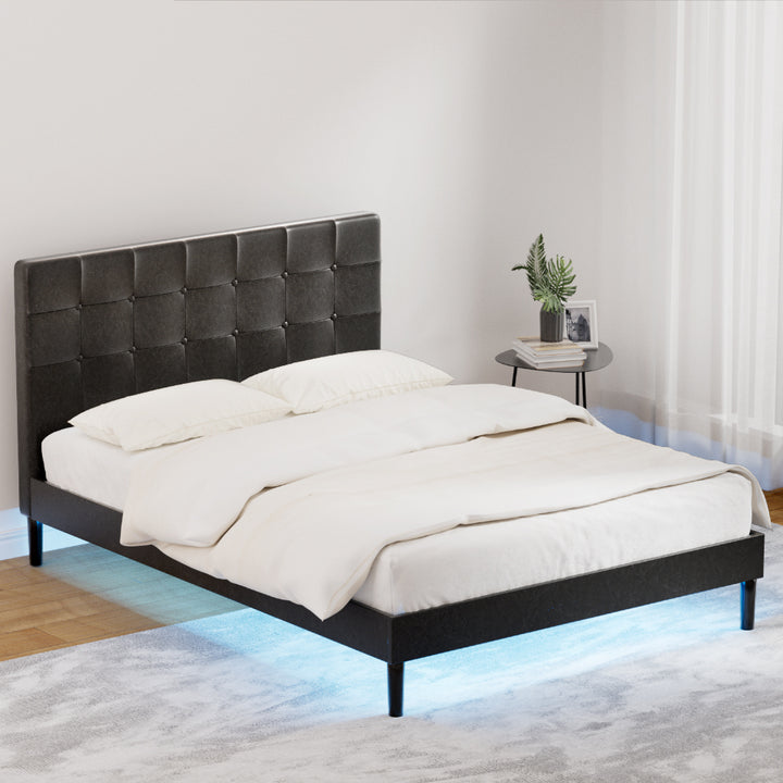 P&F SkyWay Bed Frame Double Bed w LED Lights Charge Ports Black Leather