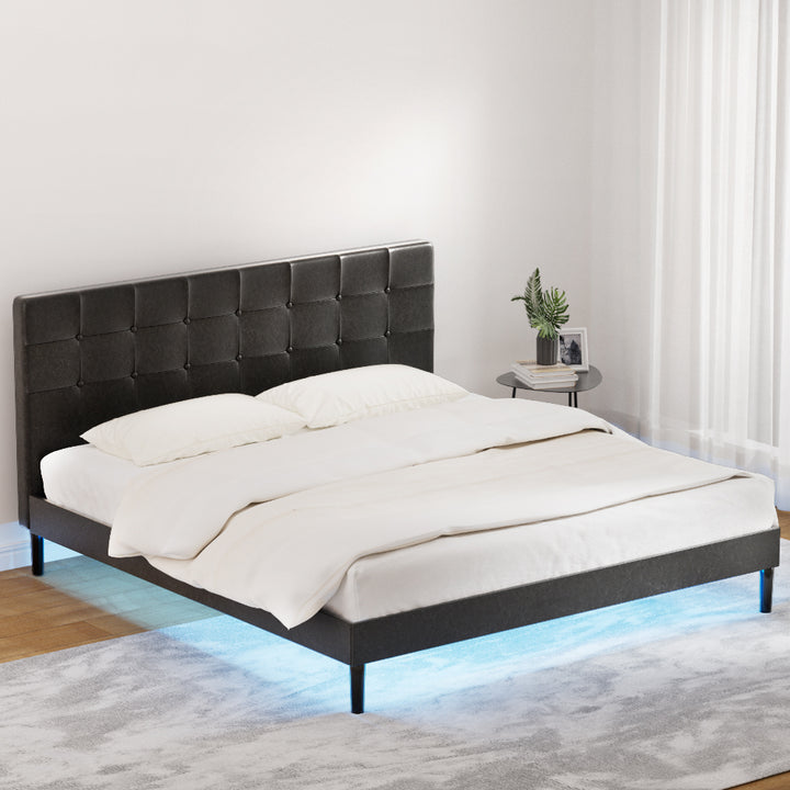 P&F SkyWay King Bed Base w RGB LED Lights Charge Ports Black Leather