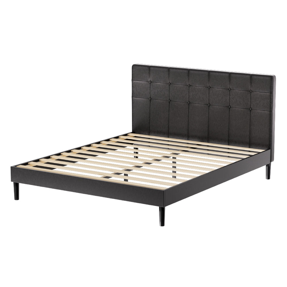 P&F SkyWay Bed Frame Queen Bed Base w LED Lights Charge Ports Black Leather