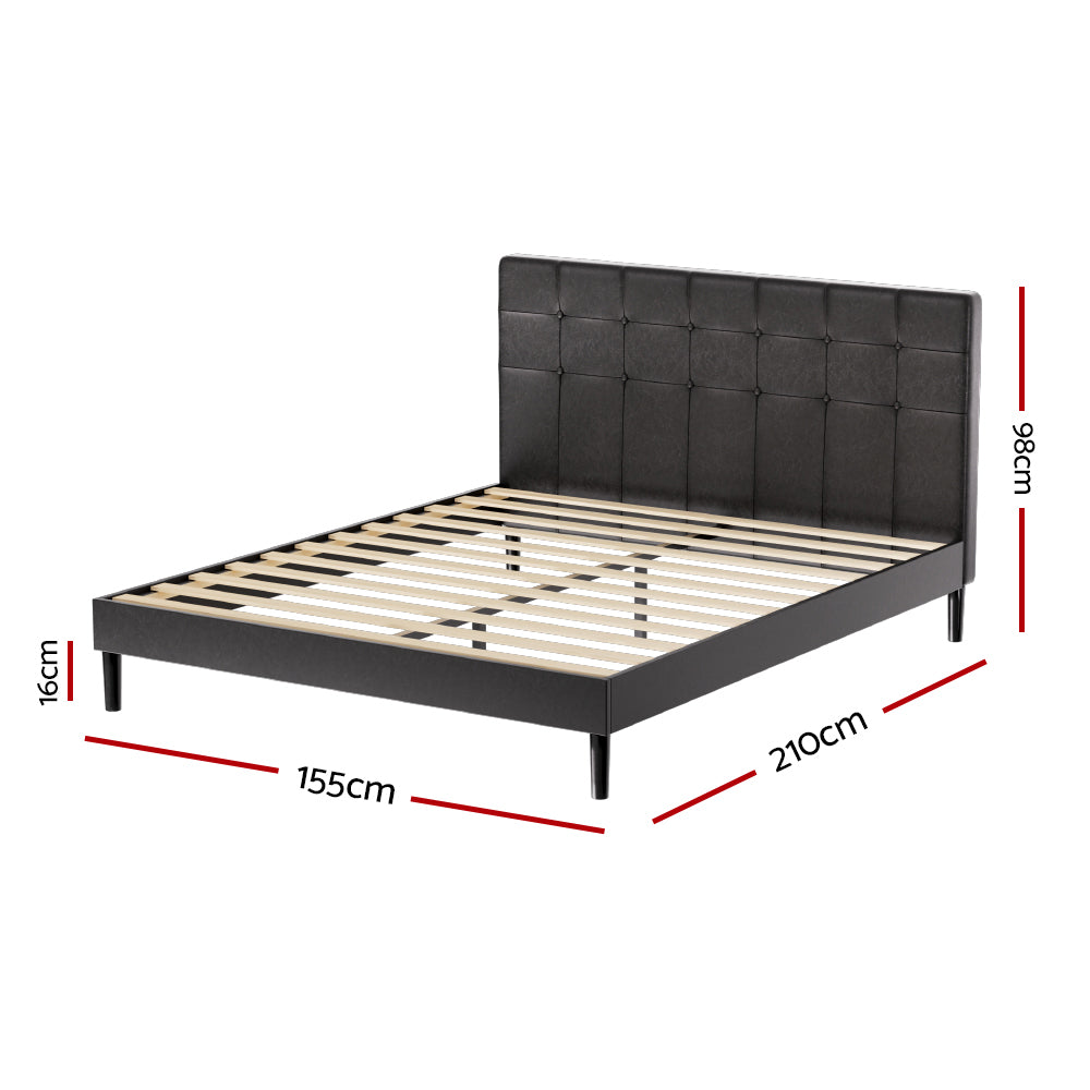 P&F SkyWay Bed Frame Queen Bed Base w LED Lights Charge Ports Black Leather