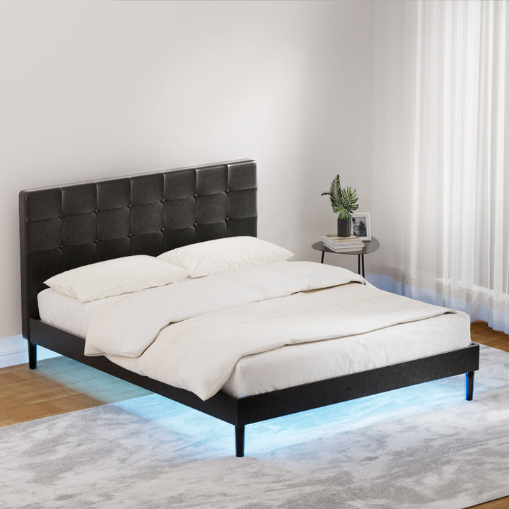 P&F SkyWay Bed Frame Queen Bed Base w LED Lights Charge Ports Black Leather