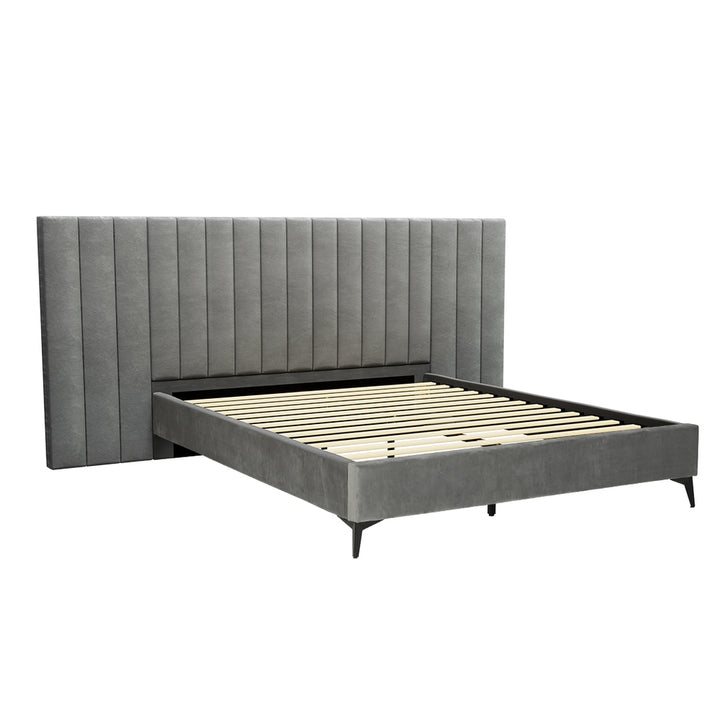 P&F SkyWay Bed Frame Queen Size Bed Base w Oversized Headboard Velvet Fabric Grey