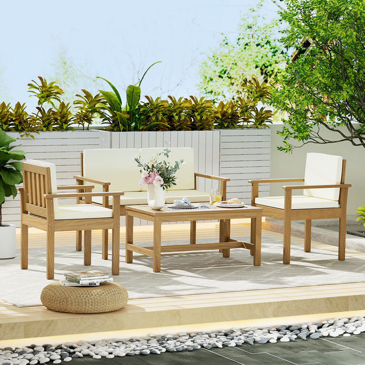 P&F ZennHome Outdoor Sofa Set 4-Seater Acacia Wood Lounge Setting Table Chairs