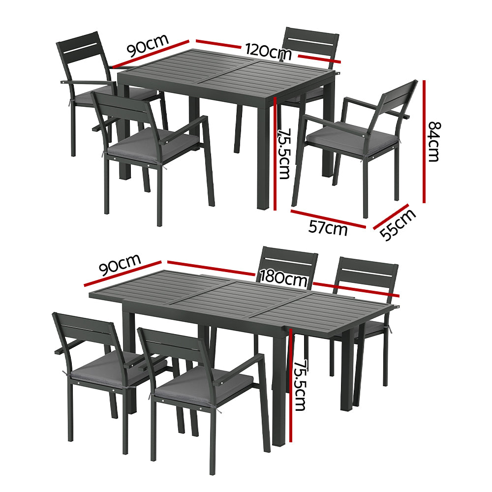 P&F ZennHome 5pcs Outdoor Dining Set 4-Seater Aluminum Extension Table Chairs Lounge