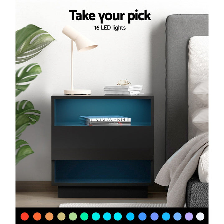 P&F SkyWay Bedside Table LED with 2 Shelves - HANA Black