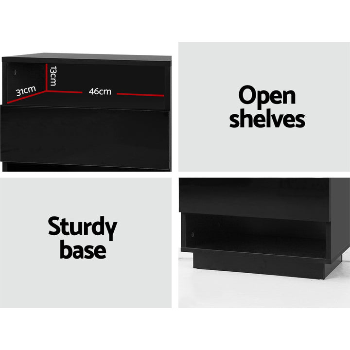 P&F SkyWay Bedside Table LED with 2 Shelves - HANA Black