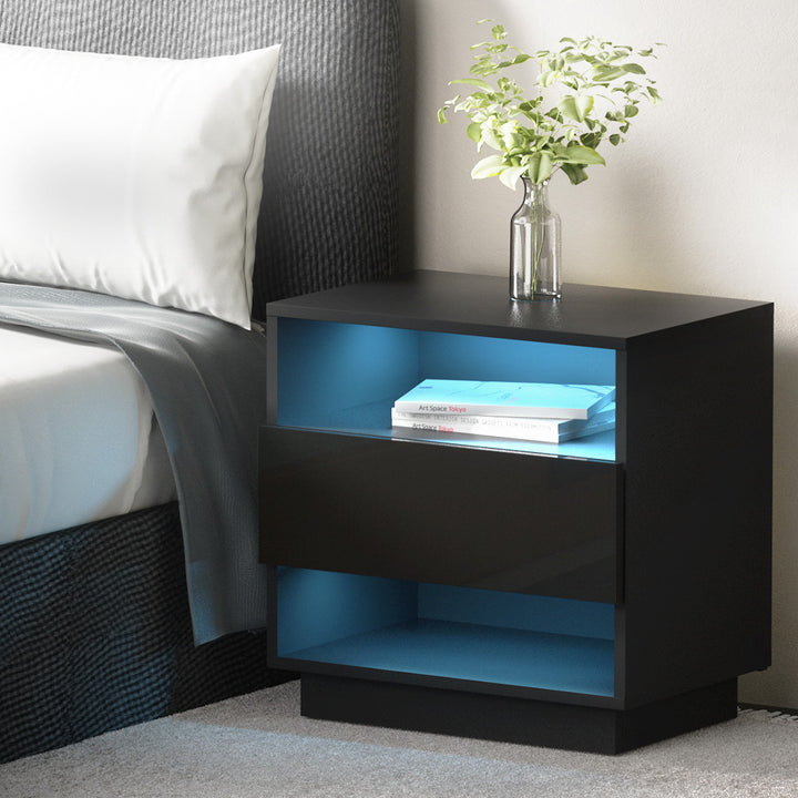 P&F SkyWay Bedside Table LED with 2 Shelves - HANA Black