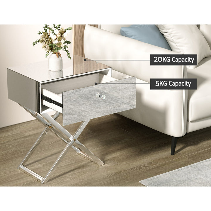 P&F SkyWay Mirrored Bedside Table Drawers Side Table Storage Nightstand Silver MOCO