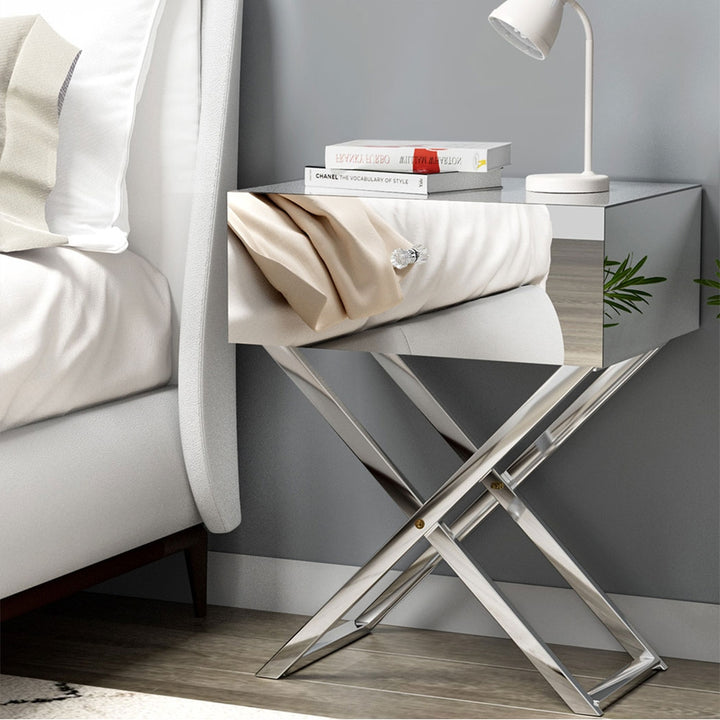 P&F SkyWay Mirrored Bedside Table Drawers Side Table Storage Nightstand Silver MOCO