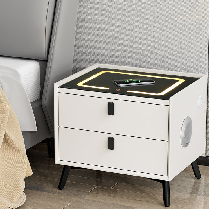 P&F SkyWay Wireless Smart Bedside Table 2 Drawers with Wireless Charging+Speaker LED White