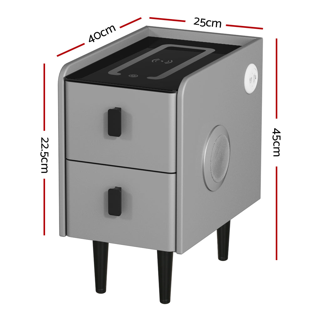 P&F SkyWay Wireless Smart Bedside Table 2 Drawers with Wireless Charging Ports LED Grey Lucian