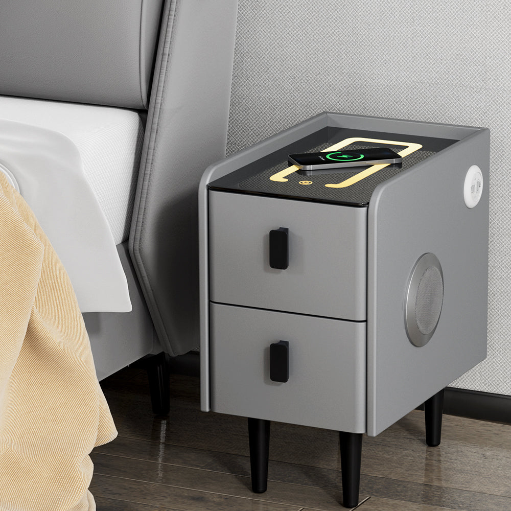 P&F SkyWay Wireless Smart Bedside Table 2 Drawers with Wireless Charging Ports LED Grey Lucian