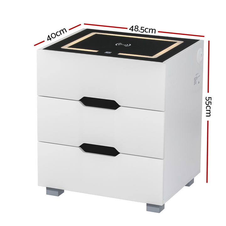 P&F SkyWay Wireless Smart Bedside Table 3 Drawers with Wireless Charging LED White