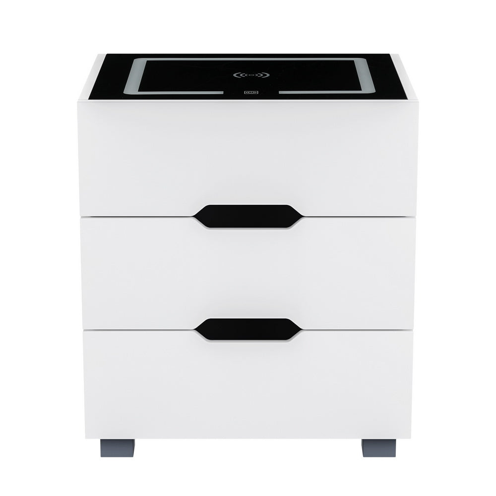 P&F SkyWay Wireless Smart Bedside Table 3 Drawers with Wireless Charging LED White