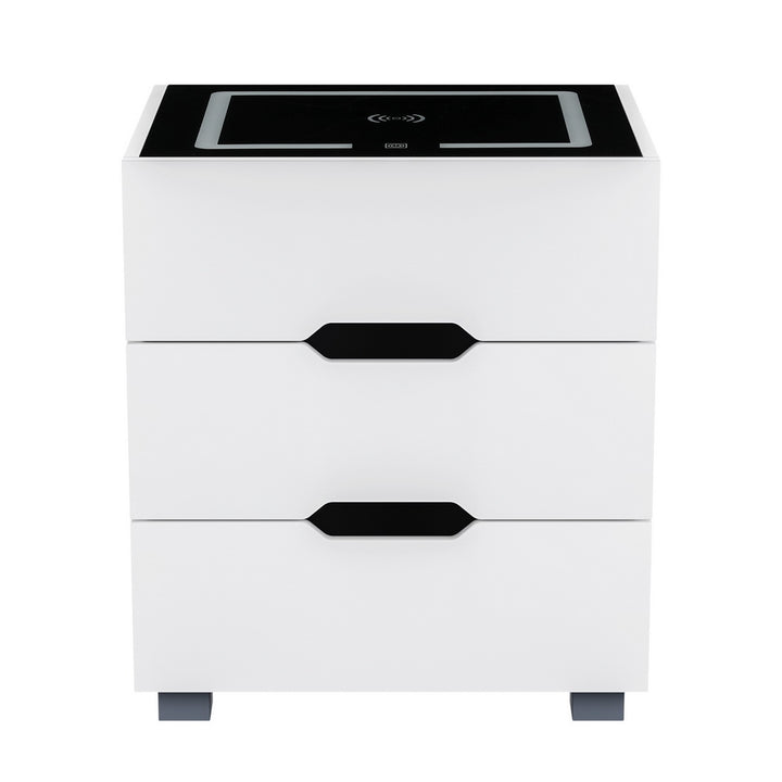 P&F SkyWay Wireless Smart Bedside Table 3 Drawers with Wireless Charging LED White