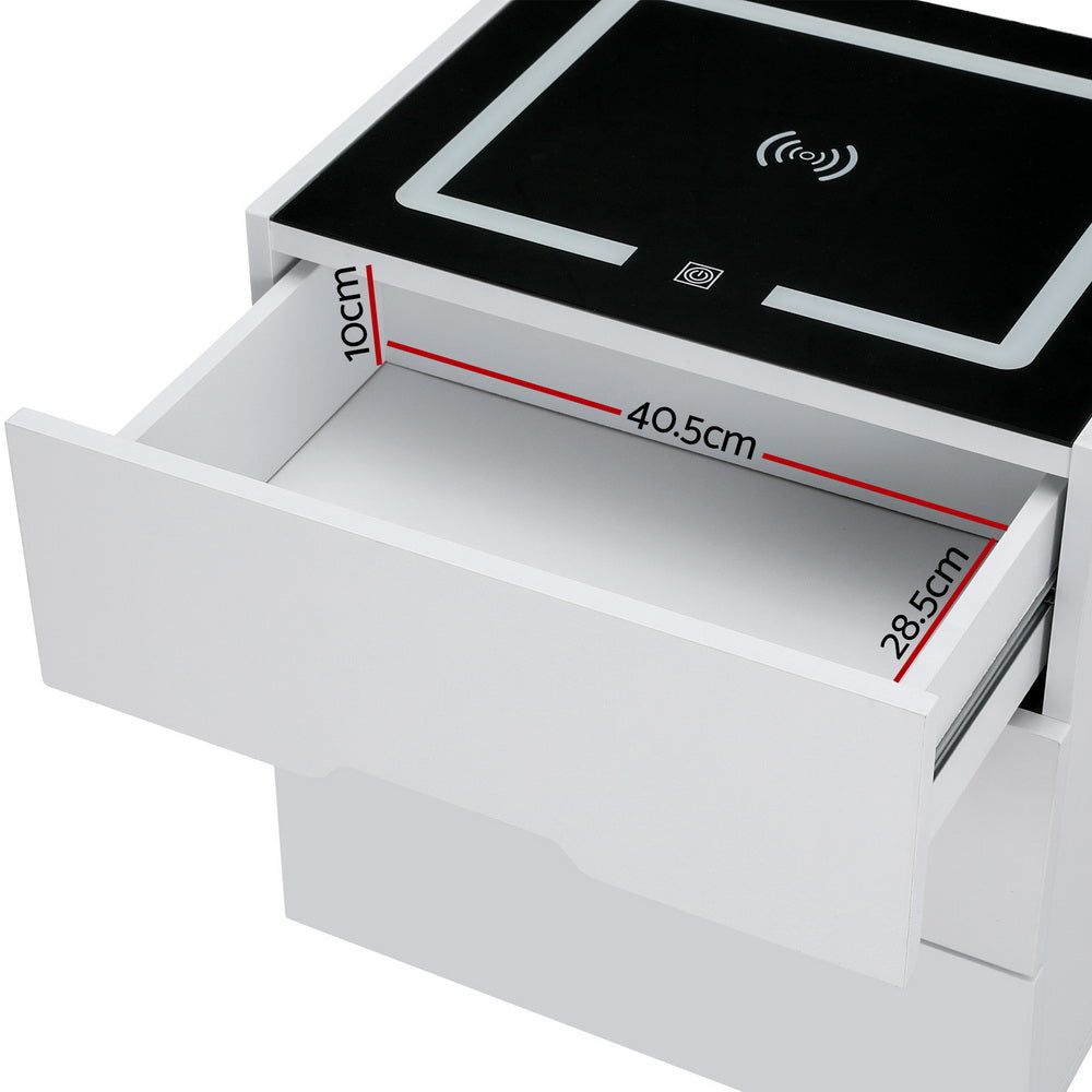 P&F SkyWay Wireless Smart Bedside Table 3 Drawers with Wireless Charging LED White