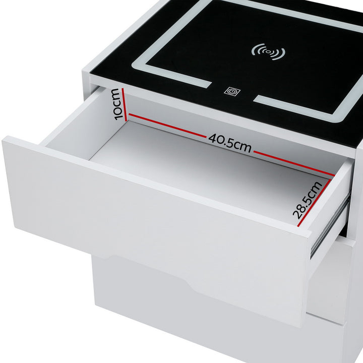 P&F SkyWay Wireless Smart Bedside Table 3 Drawers with Wireless Charging LED White