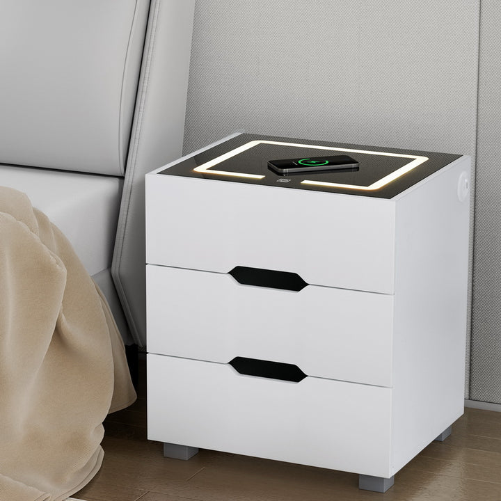 P&F SkyWay Wireless Smart Bedside Table 3 Drawers with Wireless Charging LED White