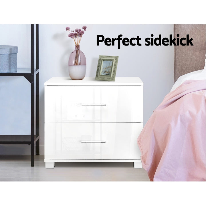 P&F SkyWay High Gloss Two Drawers Bedside Table - White