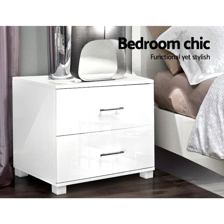 P&F SkyWay High Gloss Two Drawers Bedside Table - White