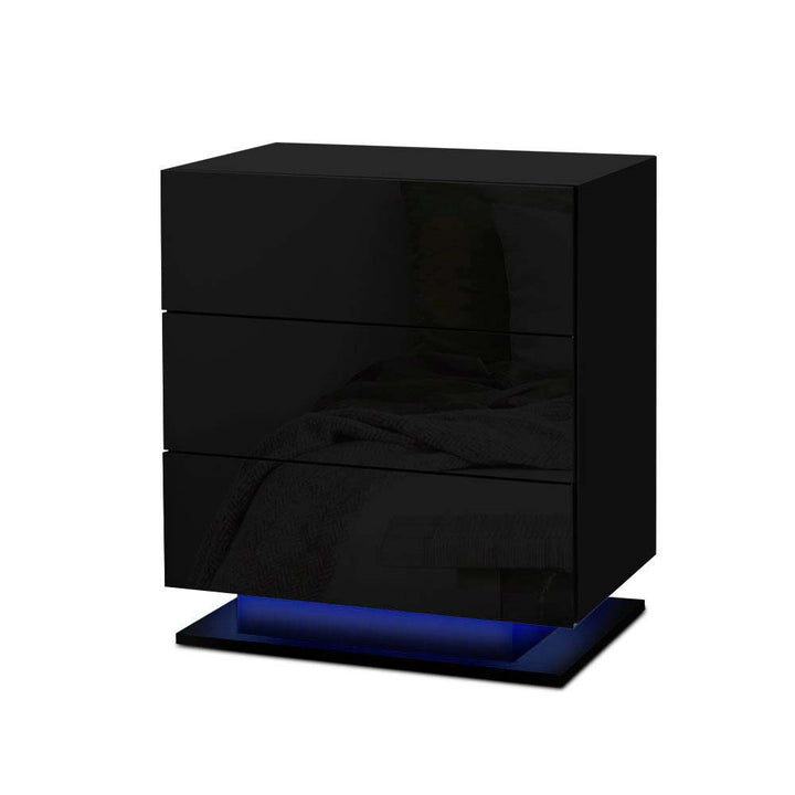 P&F SkyWay Bedside Tables Side RGB LED Lamp 3 Drawers Nightstand Gloss Black