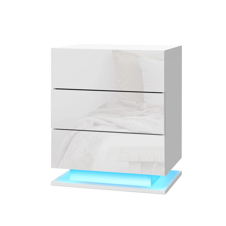 P&F SkyWay Bedside Tables Side RGB LED Lamp 3 Drawers Nightstand Gloss White