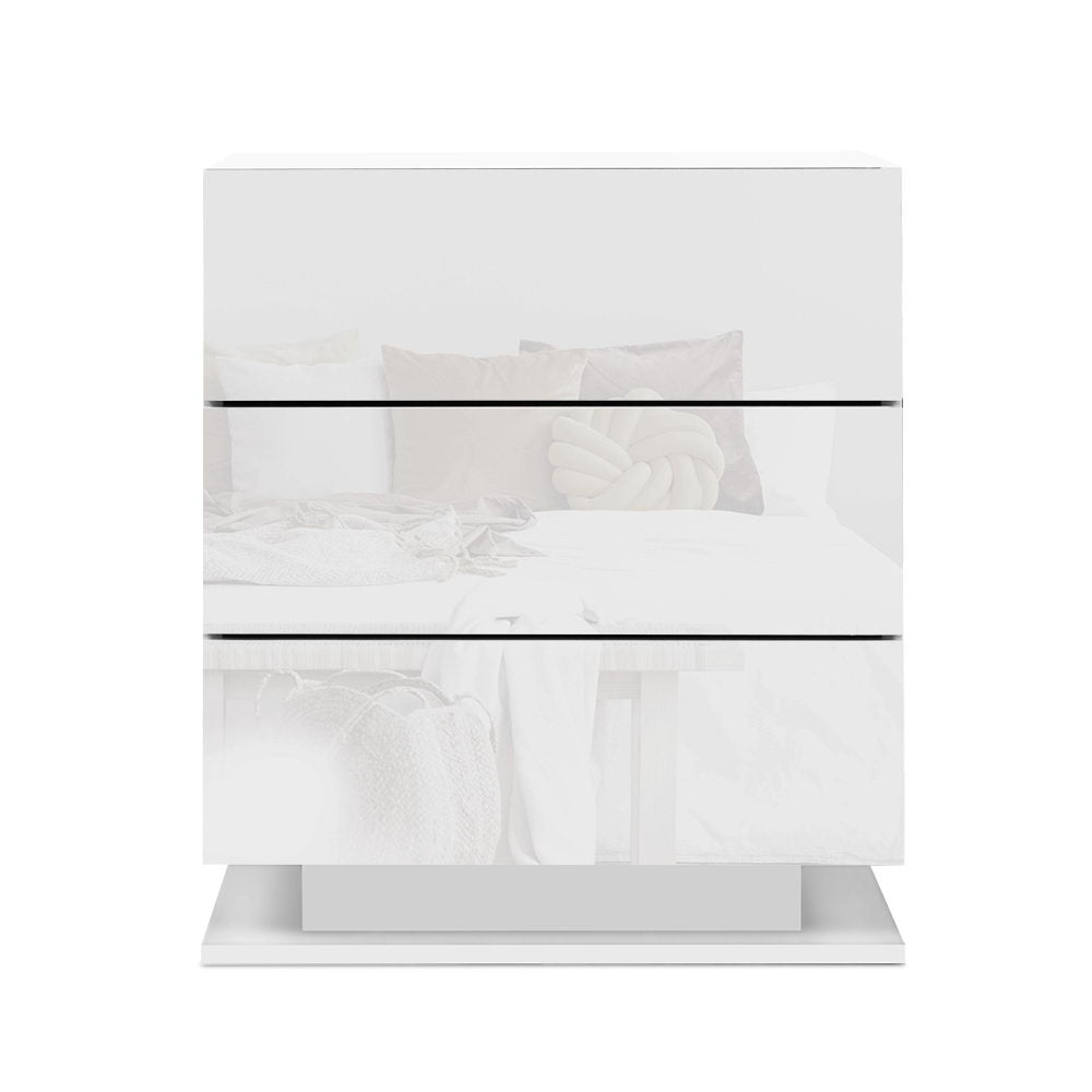 P&F SkyWay Bedside Tables Side RGB LED Lamp 3 Drawers Nightstand Gloss White