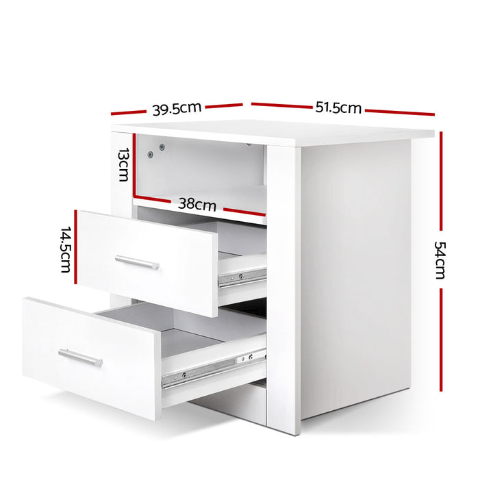 P&F ZennHome Bedside Table 2 Drawers with Shelf - Lux White