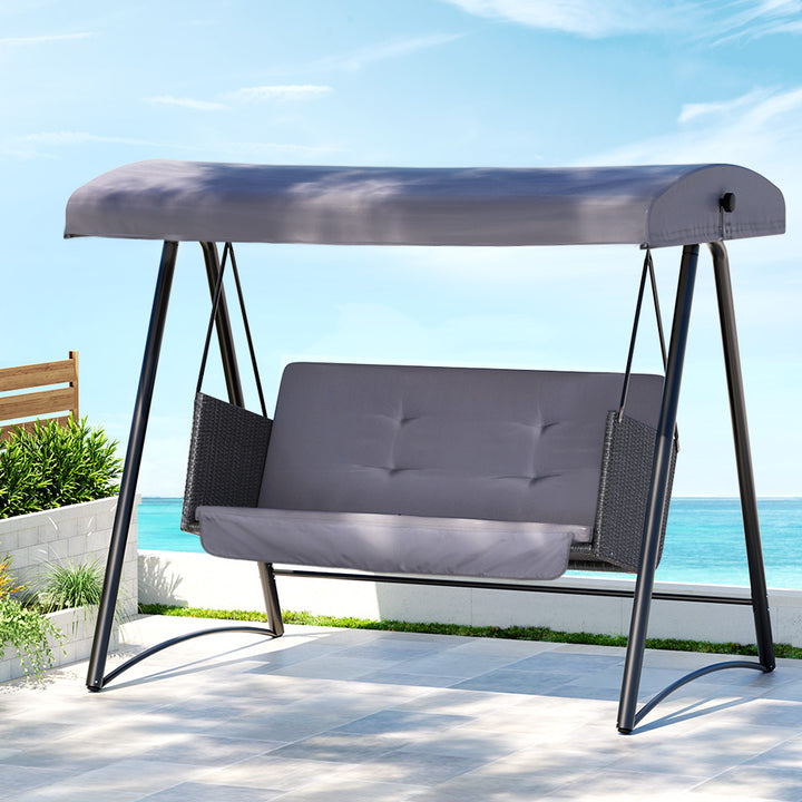 P&F ZennHome Rattan Swing Chair with Canopy Outdoor Garden Bench 3 Seater Grey