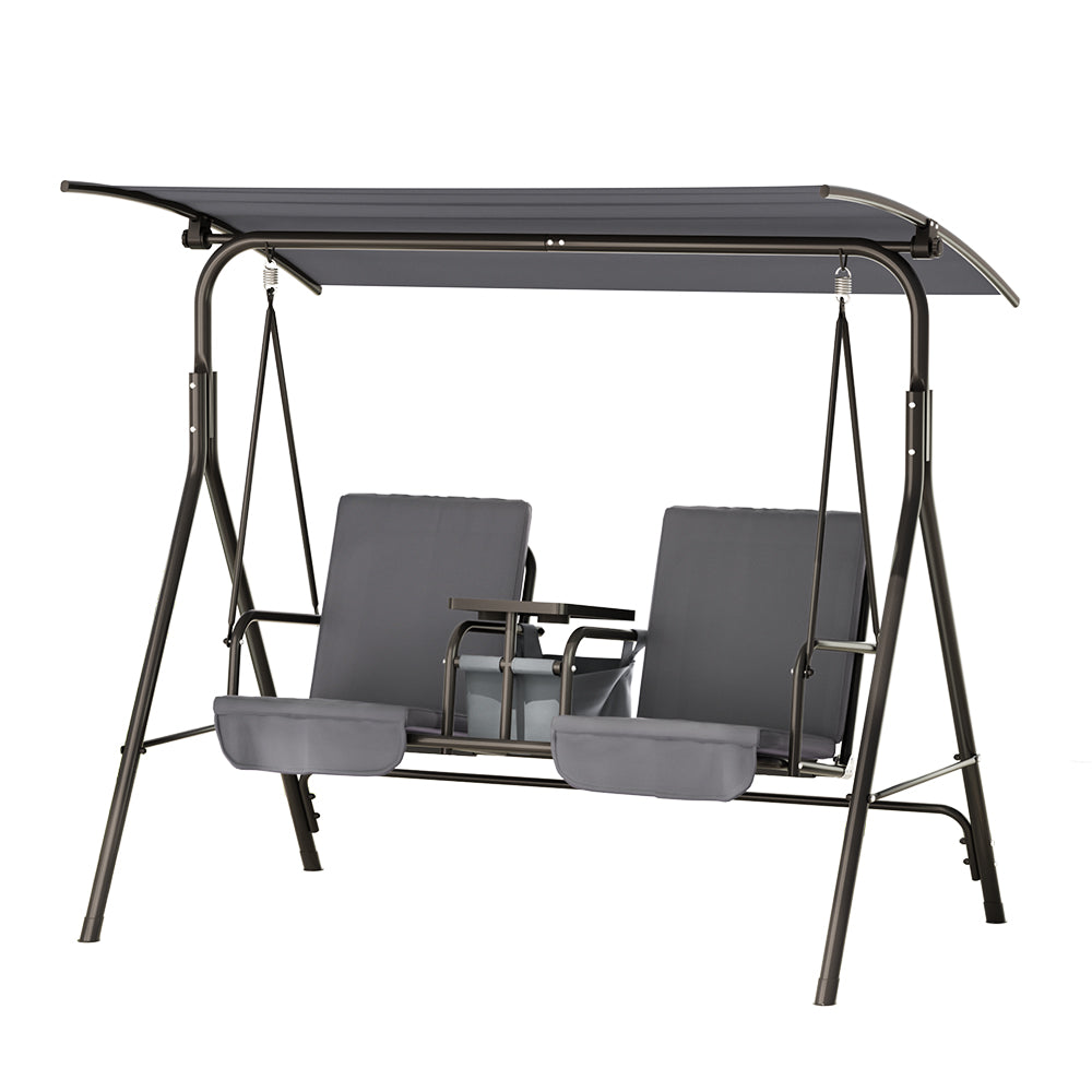 P&F ZennHome Outdoor Patio Swing Chair 2 Seater Canopy Table Top Cup Holder Black