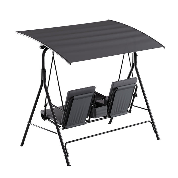 P&F ZennHome Outdoor Patio Swing Chair 2 Seater Canopy Table Top Cup Holder Black