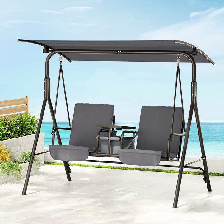 P&F ZennHome Outdoor Patio Swing Chair 2 Seater Canopy Table Top Cup Holder Black