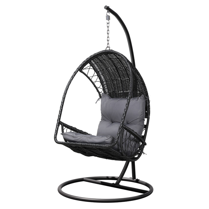 P&F ZennHome Outdoor Egg Swing Chair with Stand Cushion Wicker Armrest Black