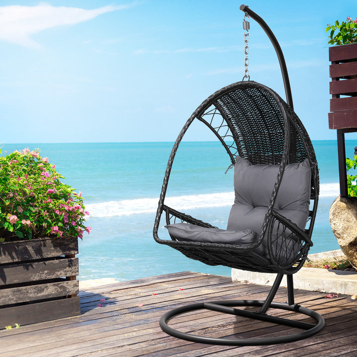 P&F ZennHome Outdoor Egg Swing Chair with Stand Cushion Wicker Armrest Black