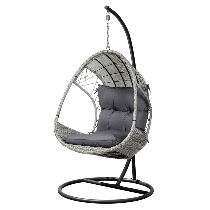 P&F ZennHome Outdoor Egg Swing Chair with Stand Cushion Wicker Armrest Light Grey