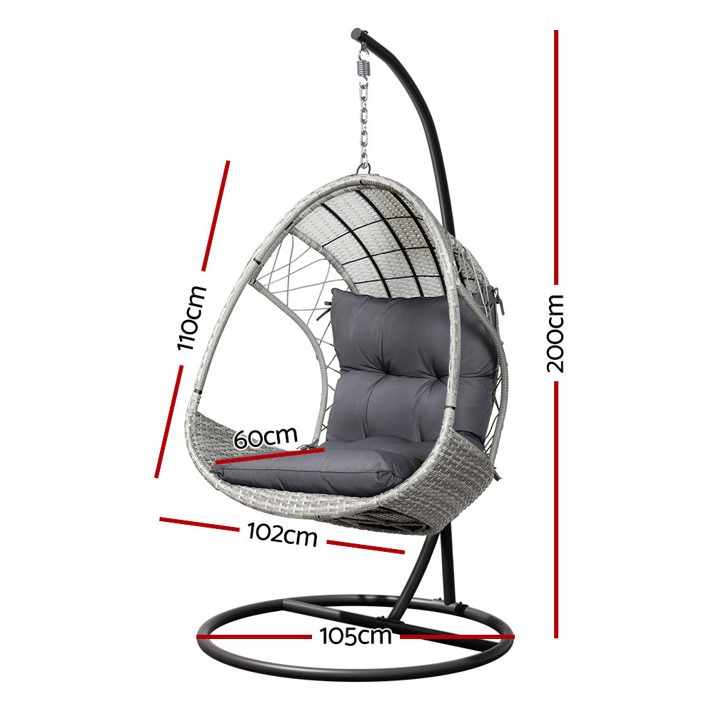 P&F ZennHome Outdoor Egg Swing Chair with Stand Cushion Wicker Armrest Light Grey