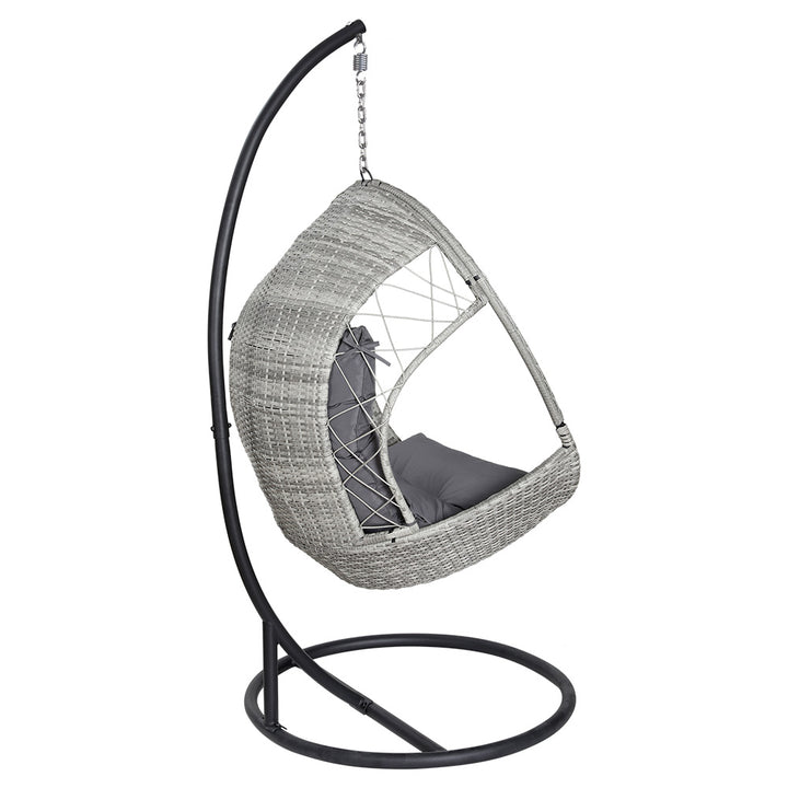 P&F ZennHome Outdoor Egg Swing Chair with Stand Cushion Wicker Armrest Light Grey