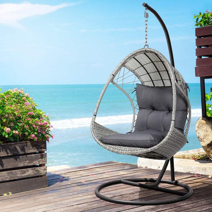 P&F ZennHome Outdoor Egg Swing Chair with Stand Cushion Wicker Armrest Light Grey