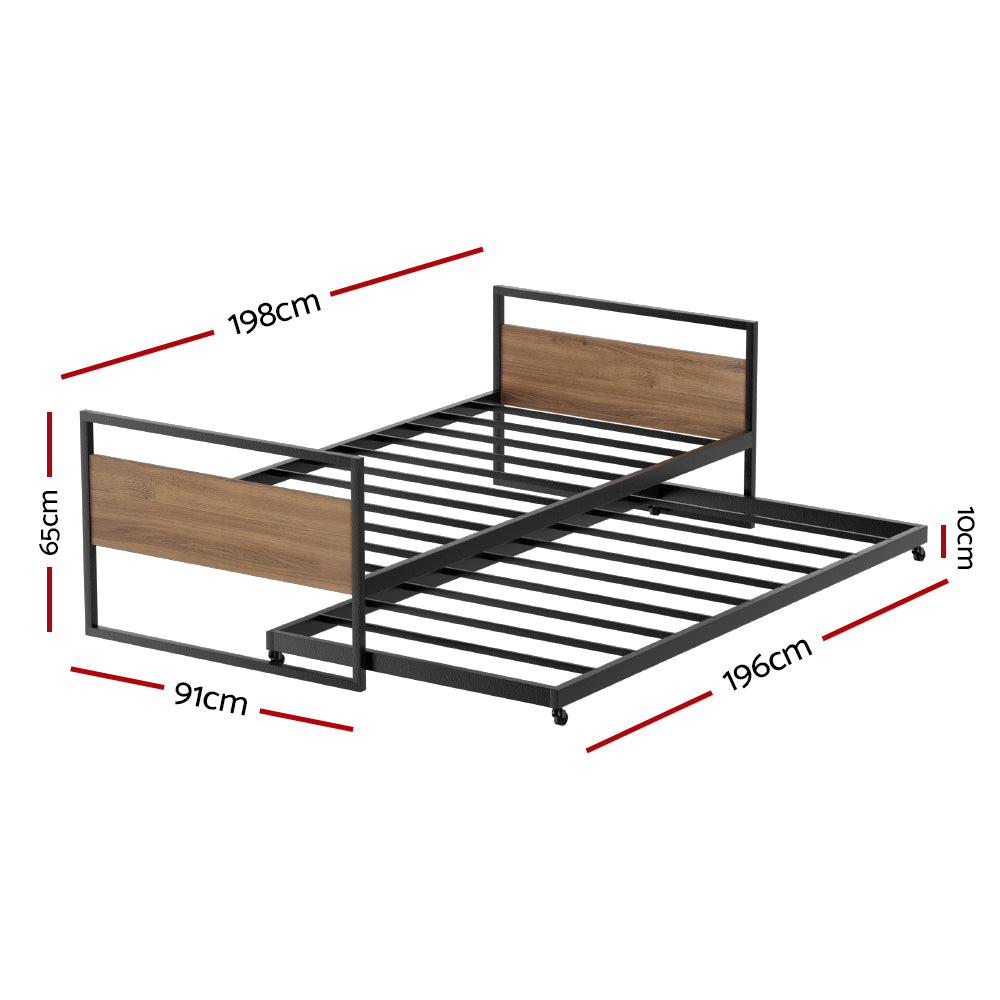 P&F SkyWay Bed Frame Metal Bed Base with Trundle Daybed Headboard Single