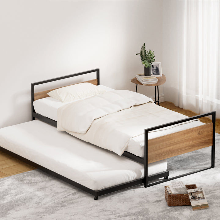 P&F SkyWay Bed Frame Metal Bed Base with Trundle Daybed Headboard Single