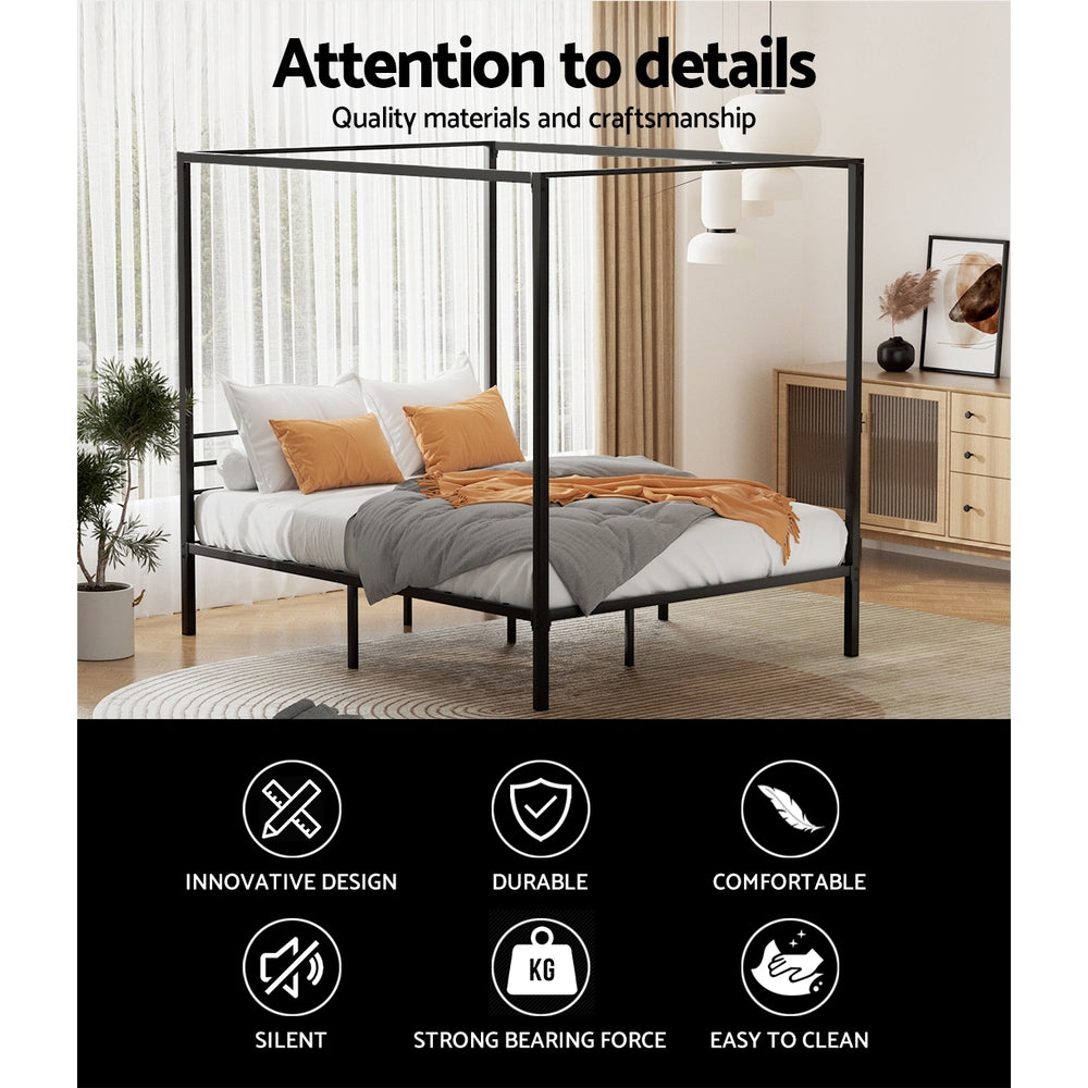 P&F ZennHome Bed Frame Metal Four-poster Platform Base Double Size Black