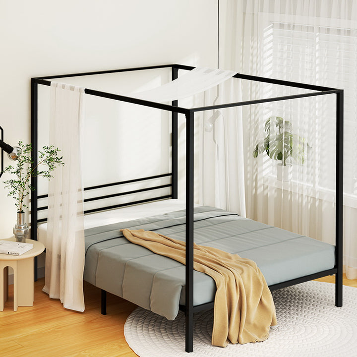 P&F ZennHome Bed Frame Metal Four-poster Platform Base Double Size Black