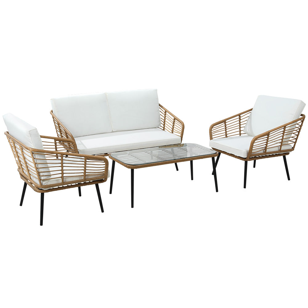 P&F ZennHome Outdoor Furniture Sofa Set 4 Piece Rattan Lounge Set Table Chairs